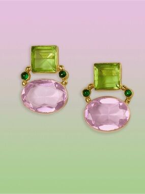 Gold Drop Earrings with Pink and Lime Gemstones